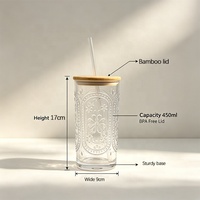 Gelas Air Embossed Kreatif dengan Ukiran, Gelas Jus Kopi Rumah Tangga dengan Tutup Bambu