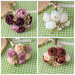 Bouquet de roses artificielles Huaying Weaves, rouge vin, blanc laiteux, violet clair, marron, décorations de mariage faites à la main, style Ins, vert - Product Image 3