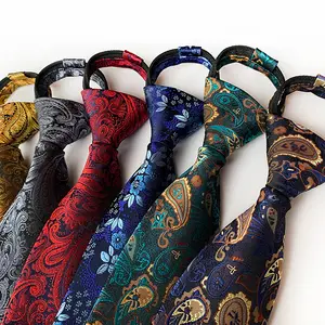 High Quality Custom 8cm Paisley Polyester Navy Blue Grey Men's Lazy Zip Tie Easy To Pull Necktie