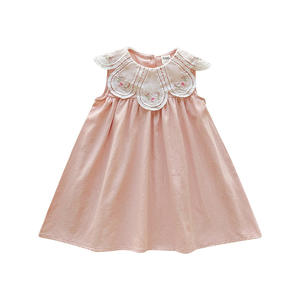 Robe pour enfants brodée de fleurs vintage - Robe pour enfants <span class=keywords><strong>à</strong></span> col en pétales festonnés, robe sans manches en coton doux pour fillette - Product Image 5