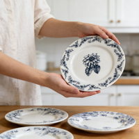 4Pcs Piring Keramik Biru Bermotif Bunga, Piring Makan Porselen Botani Vintage untuk Makan & Dekorasi