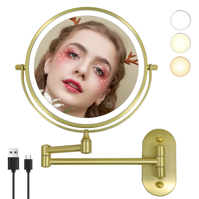 8-Inch Modern LED Vanity Mirror Wall Mounted 10X Magnification 360 Degree Rotation Smart Lighting Dual Arm Extend Hotel Use Home