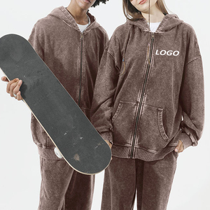 Sweat à capuche zippé en coton molletonné avec logo personnalisé, style streetwear épais, épaules tombantes, effet délavé vintage - Product Image 2
