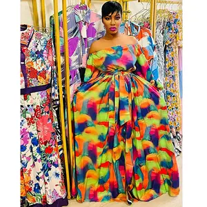 hot sale floral off shoulder sexy OL open plus size casual dresses puff sleeve loose floor length tie dyed long dresses