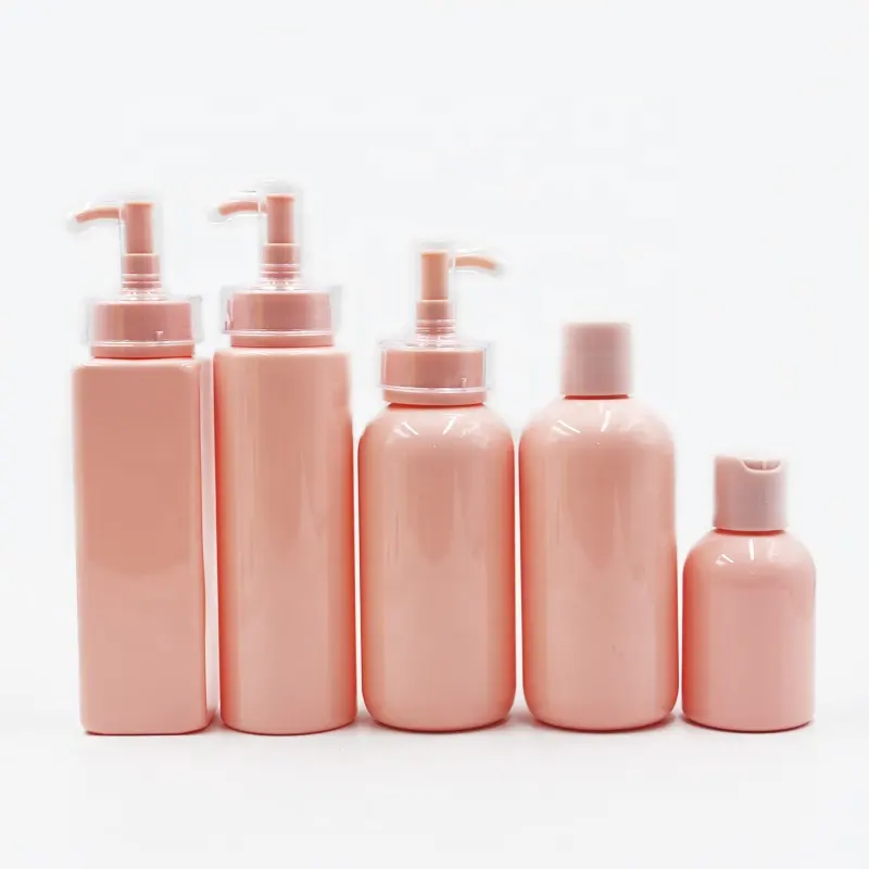Factory hot sale cosmetic pink skincare bottle 100ml 200ml 250ml lotion shampoo cosmetic container with pink pump