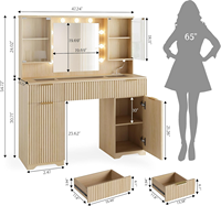 Coiffeuse à miroir et lumières avec plateau en verre, 48 pouces, en bois, avec station de recharge, table à maquillage