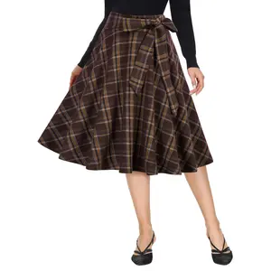 OEM Women High Waist Belt Decorated A-Line Skirt Vintage Swing Plaid Knit Skirts