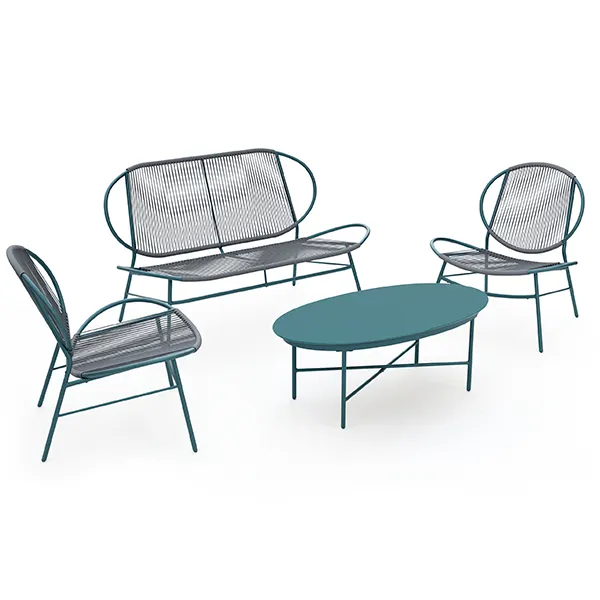 4-teiliges Gartenmöbel-Set Stahl Low Seat Lounge Bistro-Set Open Weave Wicker Kleines Sitzset mit zurück gelegtem Lake Blue