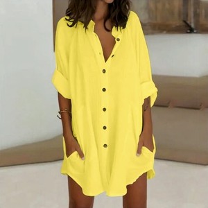 Mulheres Single Breasted Camisa Vestido Sólido Stand Collar Pocket Dresses Manga Longa Lady Summer Beach Cover up Dress - Product Image 5