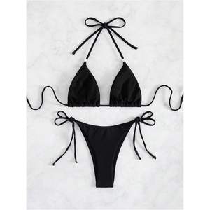 Maillot de bain bikini dos nu personnalisé pour femme, ensemble 2 pièces noir en Spandex extensible et Nylon, idéal pour les vacances à la plage - Product Image 1