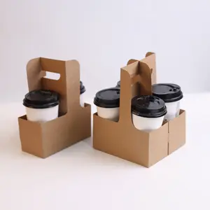 कस्टम डिस्पोजेबल गर्म पेय takeaway नालीदार गत्ता क्राफ्ट पेपर 4 कप वाहक ट्रे कॉफी कप धारक के साथ संभाल