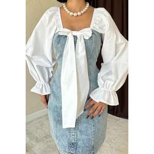 Robe midi décontractée d'été en jean bleu avec détail nœud et technique de silhouette délavée – Vente en gros - Product Image 2