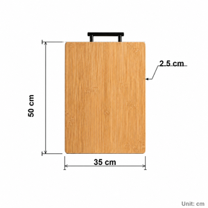 Planche à découper professionnelle en bambou massif à grain apparent 50x35x2.5cm, robuste, avec poignée métallique, vente en gros OEM - Product Image 1
