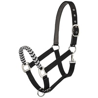 Licol pour cheval en nylon de qualité supérieure avec des motifs uniques, bande de nez en corde tressée, tête rembourrée, quincaillerie en fer nickelé