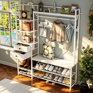 SENYU Modern White Metal <b>Coat</b> Rack with 6 Hooks and 5 Shelves Multifunctional Entryway <b>Storage</b> Furniture Scandinavian Design - Product Image 2