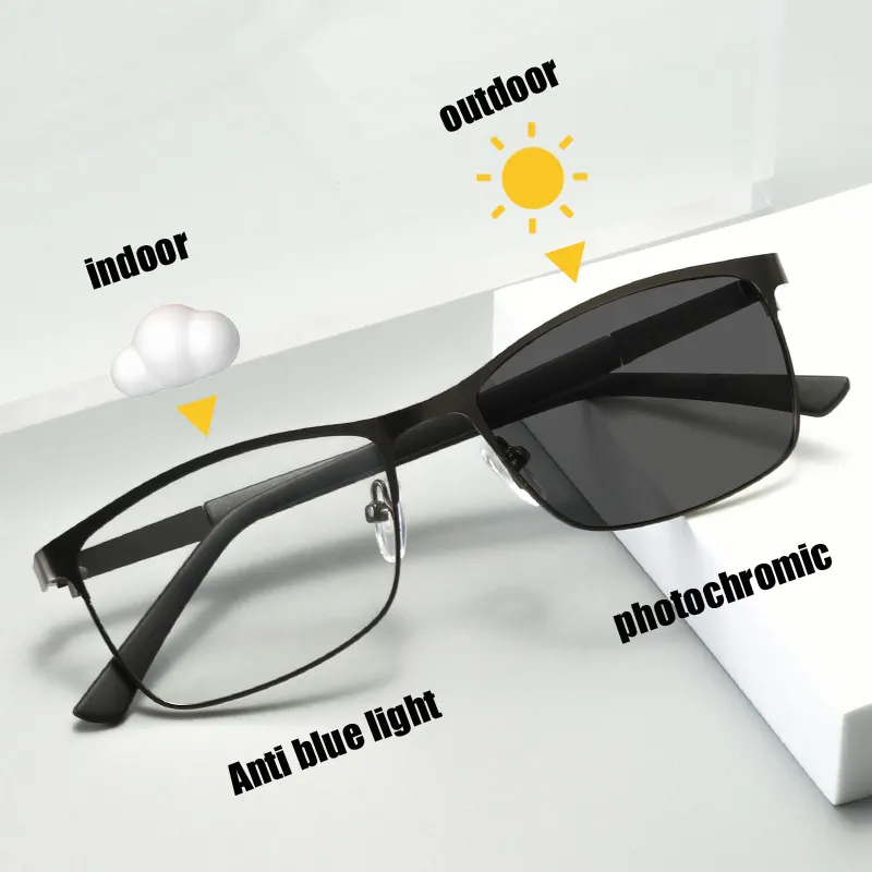 Hochwertige photochrome Anti-Strahlung Metallbrille quadratischer Rahmen Schatten für Herren Sonnenbrille Anti-Blaulicht 2-in-1 Brille
