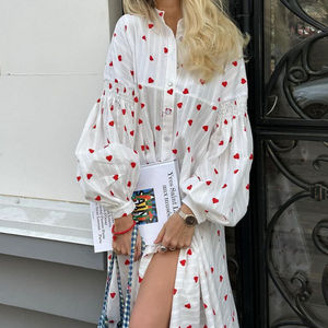 Abiti Casual Larghi da Donna Enyami Streetwear Boho per Vacanze, Bianchi con Maniche Lunghe e Stampa a <span class=keywords><strong>Cuori</strong></span> - Product Image 1