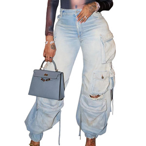 Jeans da <span class=keywords><strong>donna</strong></span> con gamba larga larga di alta qualità e lavata di alta qualità a vita alta e dritta strappata - Product Image 2