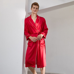 19 Mmi Chemise de nuit en soie Pyjamas longs pour hommes Été et automne 100% Vêtements de maison en soie de mûrier Chemise de nuit à lacets pour hommes - Product Image 6