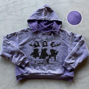 Sudadera con capucha vintage de estilo urbano, de diseño personalizado, con estampado gráfico tipo gofre, para hombre, con efecto desgastado y lavado ácido, de corte oversize. - Product Image 2