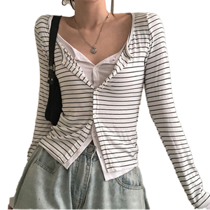 Compre un cárdigan a rayas de alta calidad para mujer, de manga larga, tejido acanalado, ajustado, informal, con botones. - Product Image 1