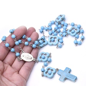 Collier chapelet turquoise avec pendentif croix bleu lac, chaîne perlée pour homme et femme, cadeau, chaîne de pull - Product Image 3