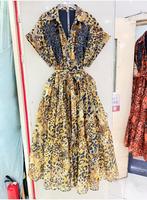 Robe longue mi-mollet imprimé léopard pour femme, col à revers, manches courtes, broderie dentelle, ceinture, volants étagés, pour l'été, les fêtes et la plage