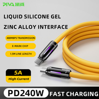 Cable de Carga Rápida Tipo-C Piva de 1.5m con Luz RGB, 5A PD240W, Silicona Amarilla para Laptop, Cobre Puro, Compatible con Computadora