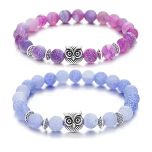 Inner Peace Heart Healing Amethyst Stone Owl Hand Bracelet 8MM Energy Beads Purple Gemstone Silver Gold Owl for Women and Men