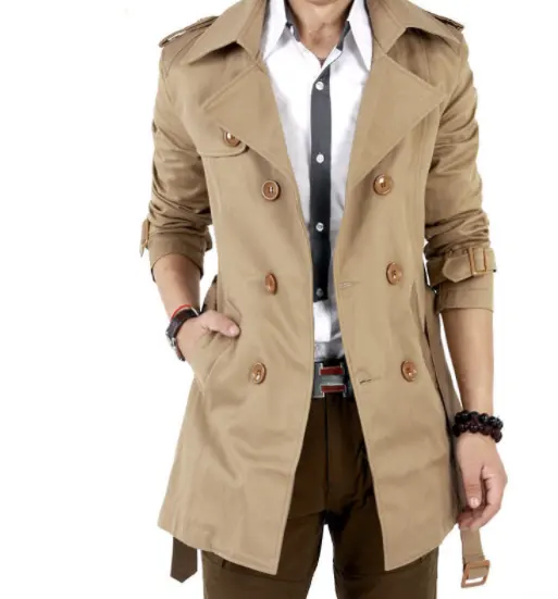 HG Factory Custom High Fashion Slim Fit Long Trench Belted Camel Double Breasted Men Coat