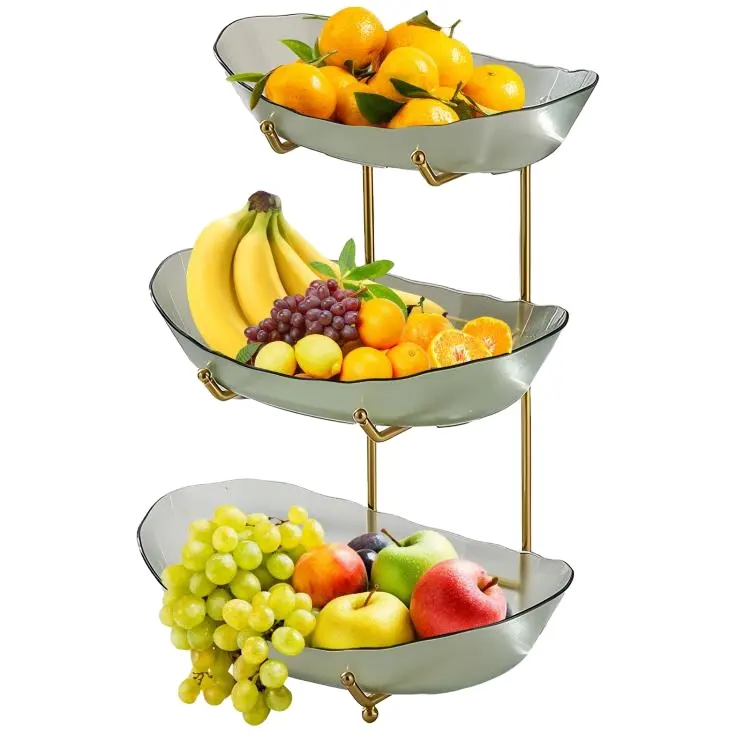 Bol à fruits pour comptoir de cuisine Panier à fruits en acrylique à 3 niveaux avec bols de service et support en métal Bols de service à plusieurs niveaux pour légumes aux fruits