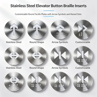 Plaques tactiles rondes personnalisables en acier inoxydable pour boutons d'ascenseur avec inscriptions en braille, symboles fléchés et points en relief, modèle 008