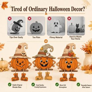Decoración de mesa de madera de calabaza para Halloween, lindo cartel de Jack O'Lantern con sombrero de bruja y botas colgantes, adorno escalonado para el hogar con temática de cosecha otoñal - Product Image 3