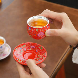 75ml 高級模様入りギフトボックス アラブ999スターリングシルバー エナメル金メッキシルバーセラミック エスプレッソコーヒー/ティーカップ＆ソーサー - Product Image 3