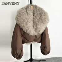 JANVENY 2025 Winter Natürlicher Großer Mongolischer Schaffellmantel Damen Kurzer Daunenparka 90% Weiße Entendaunen Wasserabweisende Jacke