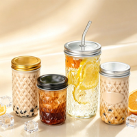 Bocal en verre à motif diamant en gros, avec logo personnalisé en relief, pour boissons, miel et cadeaux de mariage