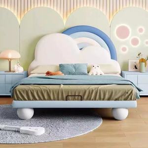 Venta al por mayor de camas de colores arcoíris modernas para niños, marco de madera en la nube, muebles de dormitorio con funda, <span class=keywords><strong>cama</strong></span> suave para niños y niñas - Product Image 2