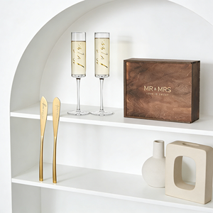 Verre en cristal gravé sur mesure fait main pour flûtes à <span class=keywords><strong>champagne</strong></span>, ensemble de spatules à gâteau, coffret cadeau en bois pour mariages, fiançailles et anniversaires - Product Image 5
