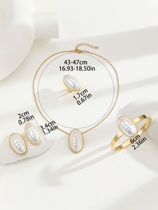 Juego de Collar y Aretes de Perlas Blancas Ovaladas Chapadas en Oro de 18K para Mujer, para Bodas, Fiestas, Compromisos, Regalo de Lujo de Acero Inoxidable - Product Image 5