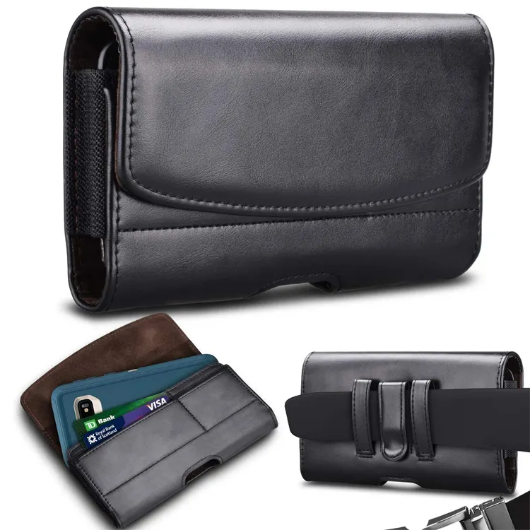 High quality black leather belt clip loops phone pouch card holder case phone holster for Samsung for iPhone