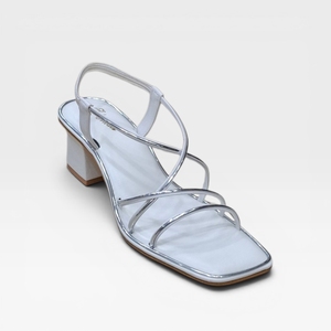 Sandalias de tacón cuadrado de charol plateado para mujer, con tiras y punta cuadrada, sin cordones, tacón medio, elegantes para verano - Product Image 1