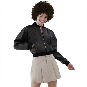 Chaqueta Bomber de Cuero PU Negra para Mujer, con Cierre de Cremallera, Manga Larga, Cuello Camisero, Estilo Corto, para Otoño - Product Image 1