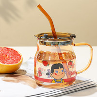 Tasses en verre ambré de 600 ml (20 oz) avec motif de dessin animé mignon, pour jus, maison, bureau, petit-déjeuner, eau, lait, avec pailles en verre et poignée
