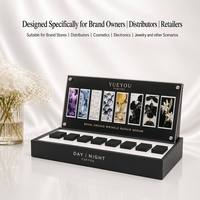 Expositor de Cosméticos Personalizado de Lujo en Acrílico Negro Mate con Retroiluminación LED Ecológica de 8 Ranuras, Fácil de Montar, para Ampollas, Sueros y Productos Faciales