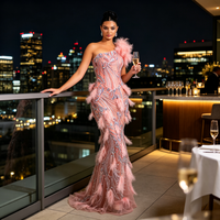 Robe de bal asymétrique longue à une épaule ornée de plumes et de perles, avec sequins, pour femme, idéale pour les anniversaires et les soirées en boîte de nuit