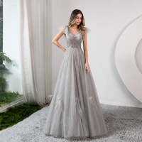 Robe de soirée gris argenté lavande col en V coupe trapèze, ornée de perles et de sequins, manches volantées, nœuds 3D, en tulle, longueur ras du sol, pour soirée, sur mesure, vente en gros