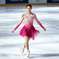 Costume de patinage artistique rose et magenta dégradé, robe en maille à manches longues avec strass pour filles adultes, compétition et performance