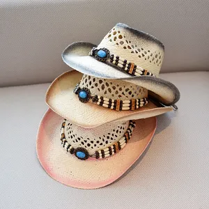 หมวกคาวบอยสไตล์ออสเตรเลียทำจากกระดาษสายชายหาดทำจากฟางติดลูกปัดสำหรับฤดูร้อนสไตล์ตะวันตก