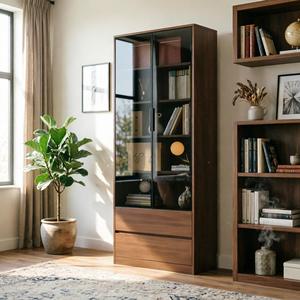 Librero Alto de Estilo Europeo Moderno <span class=keywords><strong>con</strong></span> <span class=keywords><strong>Puertas</strong></span> Corredizas de Vidrio Templado, 2 Cajones Inferiores y Estantes Ajustables, Acabado en Nogal, para Oficina en Casa - Product Image 6