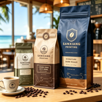 Sachet d'emballage pour grains de café imprimé en héliogravure personnalisé, résistant à l'humidité, à fond plat, avec huit soudures latérales et valve thermoscellée